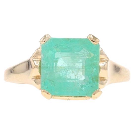 Yellow Gold Emerald Cocktail Solitaire Ring - 14k Square Cut Emerald 2.67ct