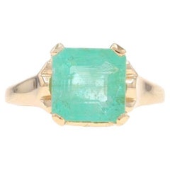 Yellow Gold Emerald Cocktail Solitaire Ring - 14k Square Cut Emerald 2.67ct