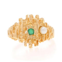 Yellow Gold Emerald Cultured Pearl Two-Stone Ring - 14k Round Asymmetrical