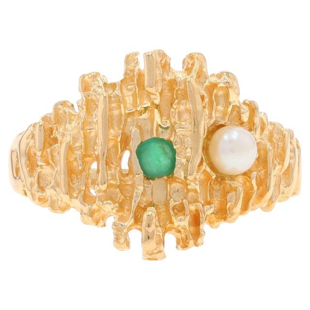 Yellow Gold Emerald Cultured Pearl Two-Stone Ring - 14k Round Asymmetrical