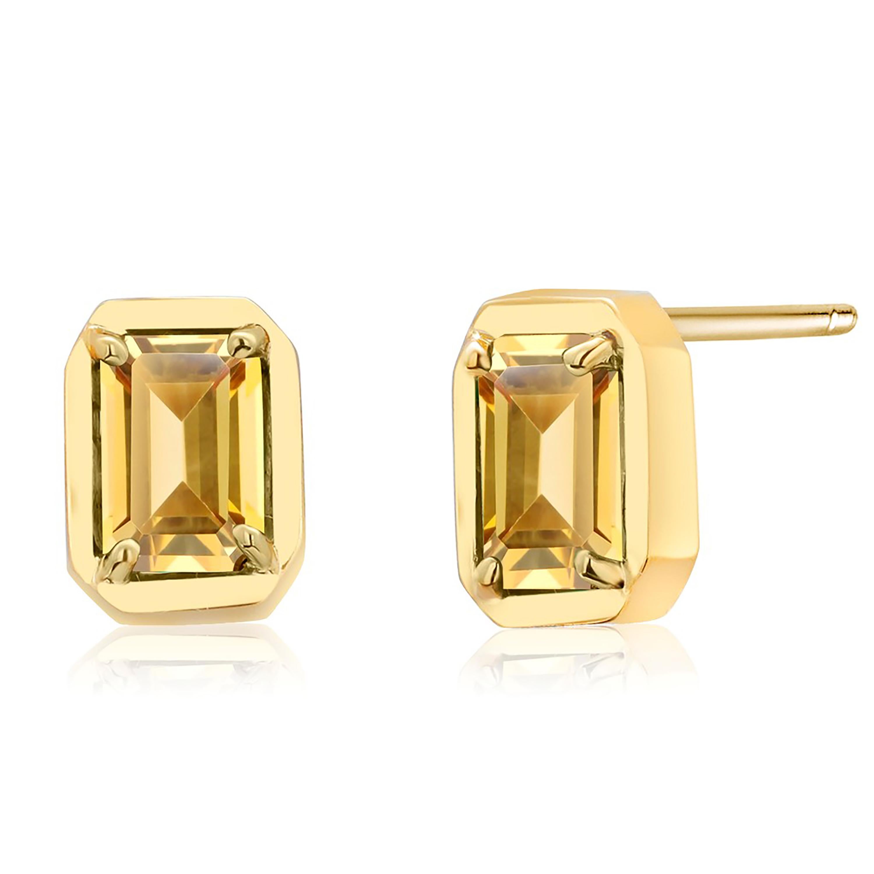 Yellow Gold Emerald Cut Ceylon Yellow Sapphire Bezel Set Stud Earrings 1