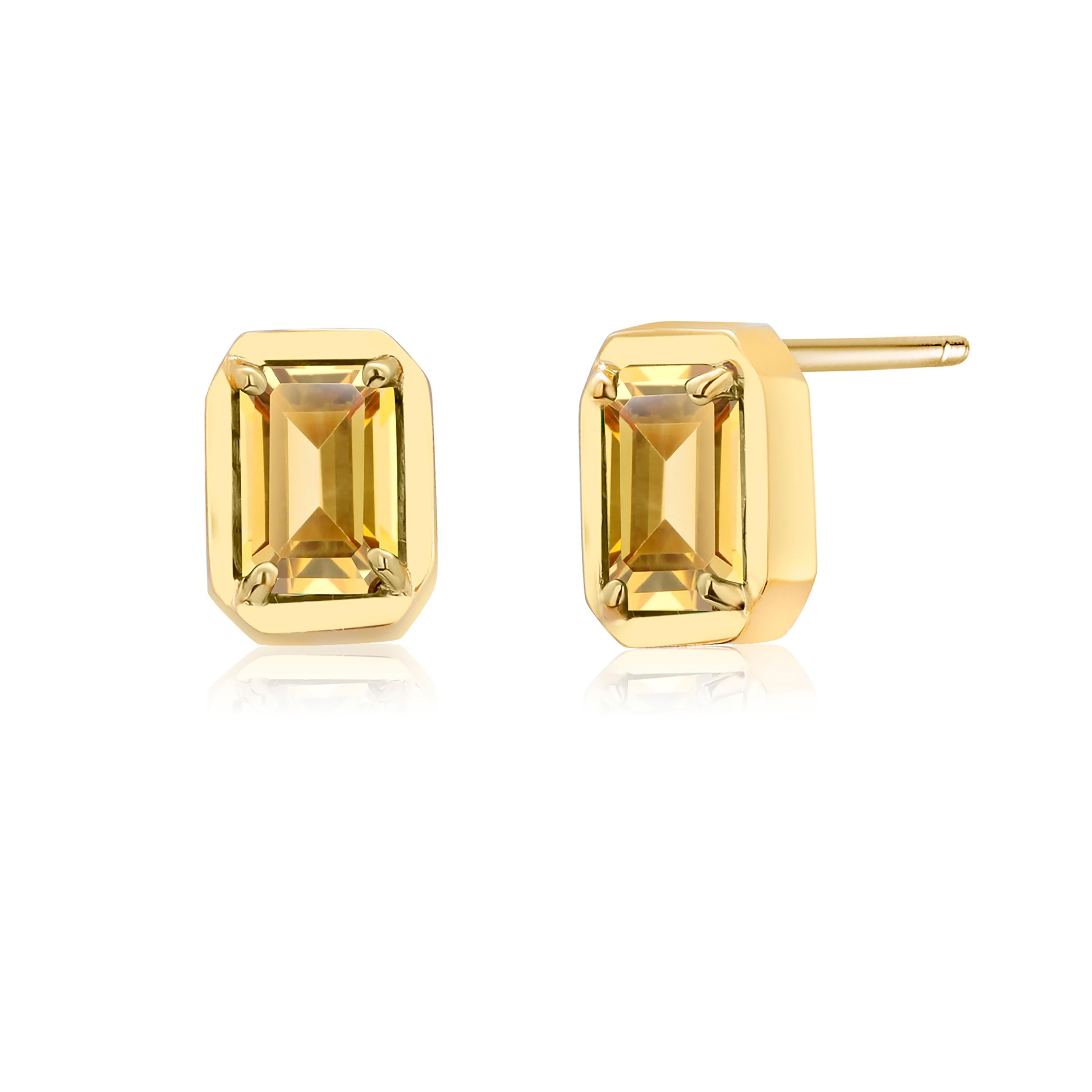 Contemporary Yellow Gold Emerald Cut Ceylon Yellow Sapphire Bezel Set Stud Earrings