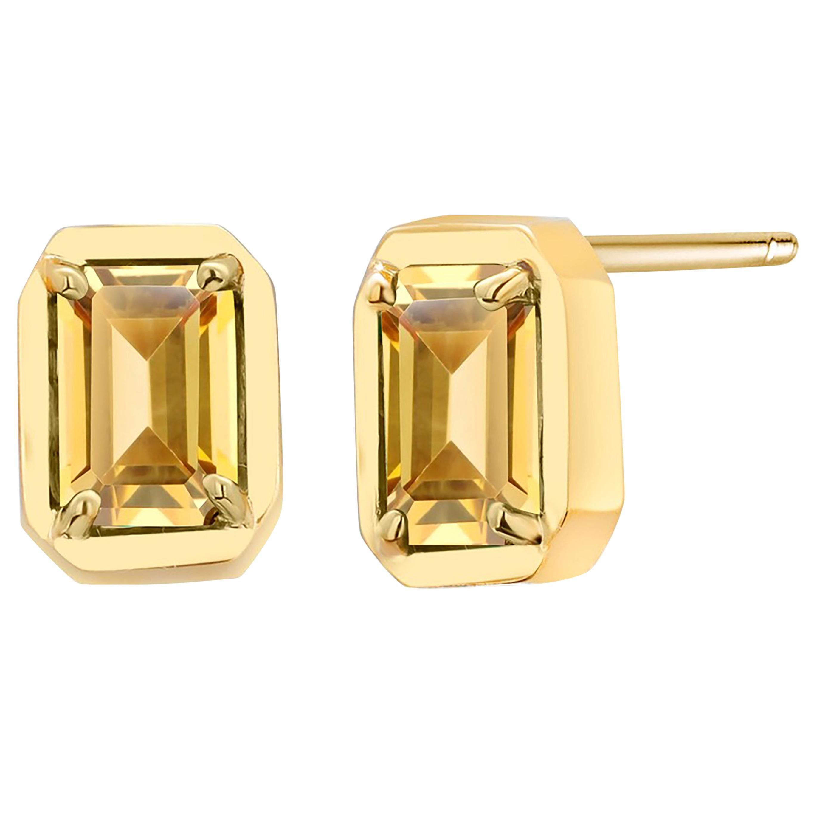 Yellow Gold Emerald Cut Ceylon Yellow Sapphire Bezel Set Stud Earrings