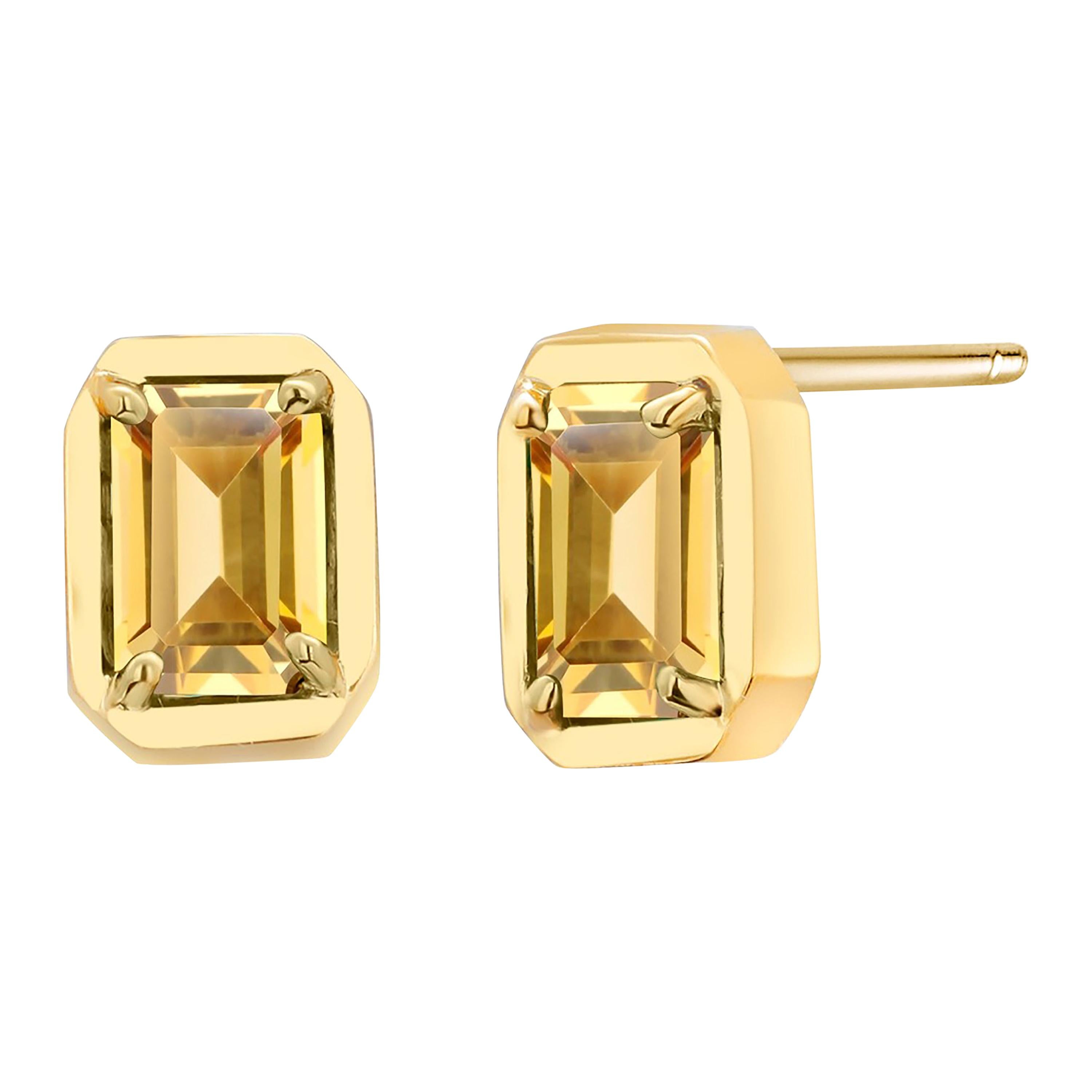 Yellow Gold Emerald Cut Ceylon Yellow Sapphire Bezel Set Stud Earrings