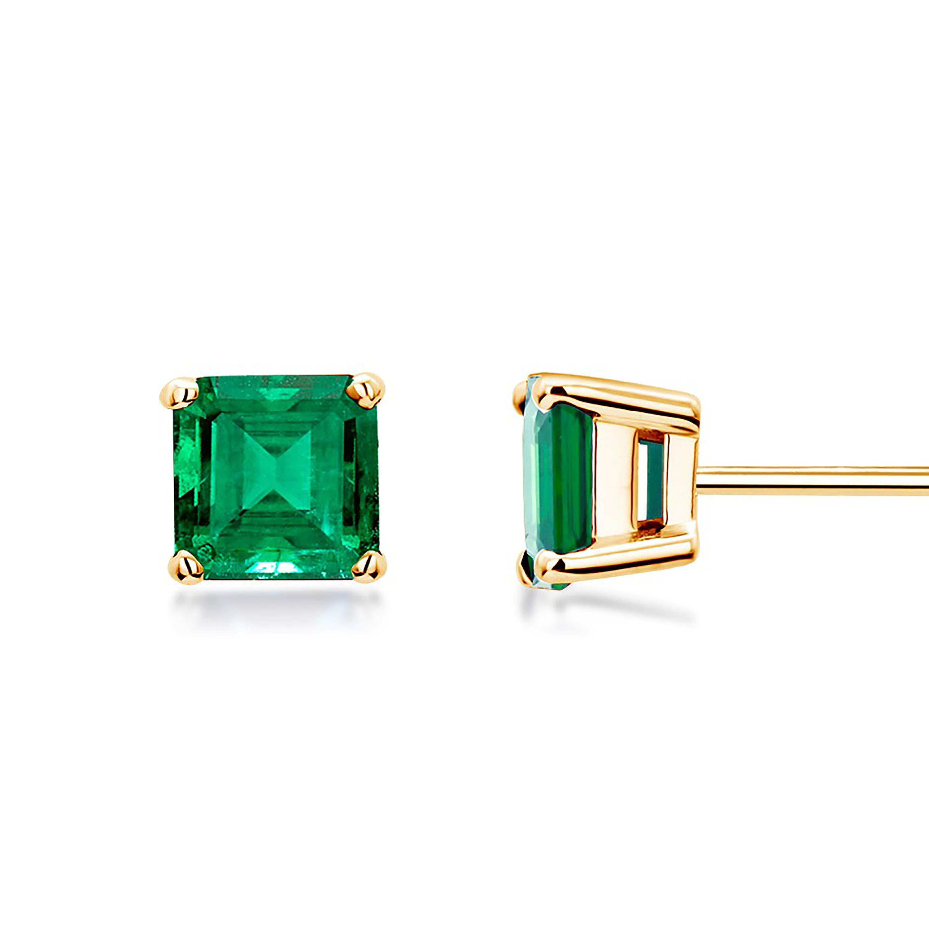 14 karats yellow gold 6-millimeter Colombia emerald stud earrings 
Emerald-Cut Emeralds weighing 1.10 carats
Width of the earrings six millimeter 
New Earrings
Handmade in the USA
The 14 karat gold earrings are hanging off a post with push-backs
Our