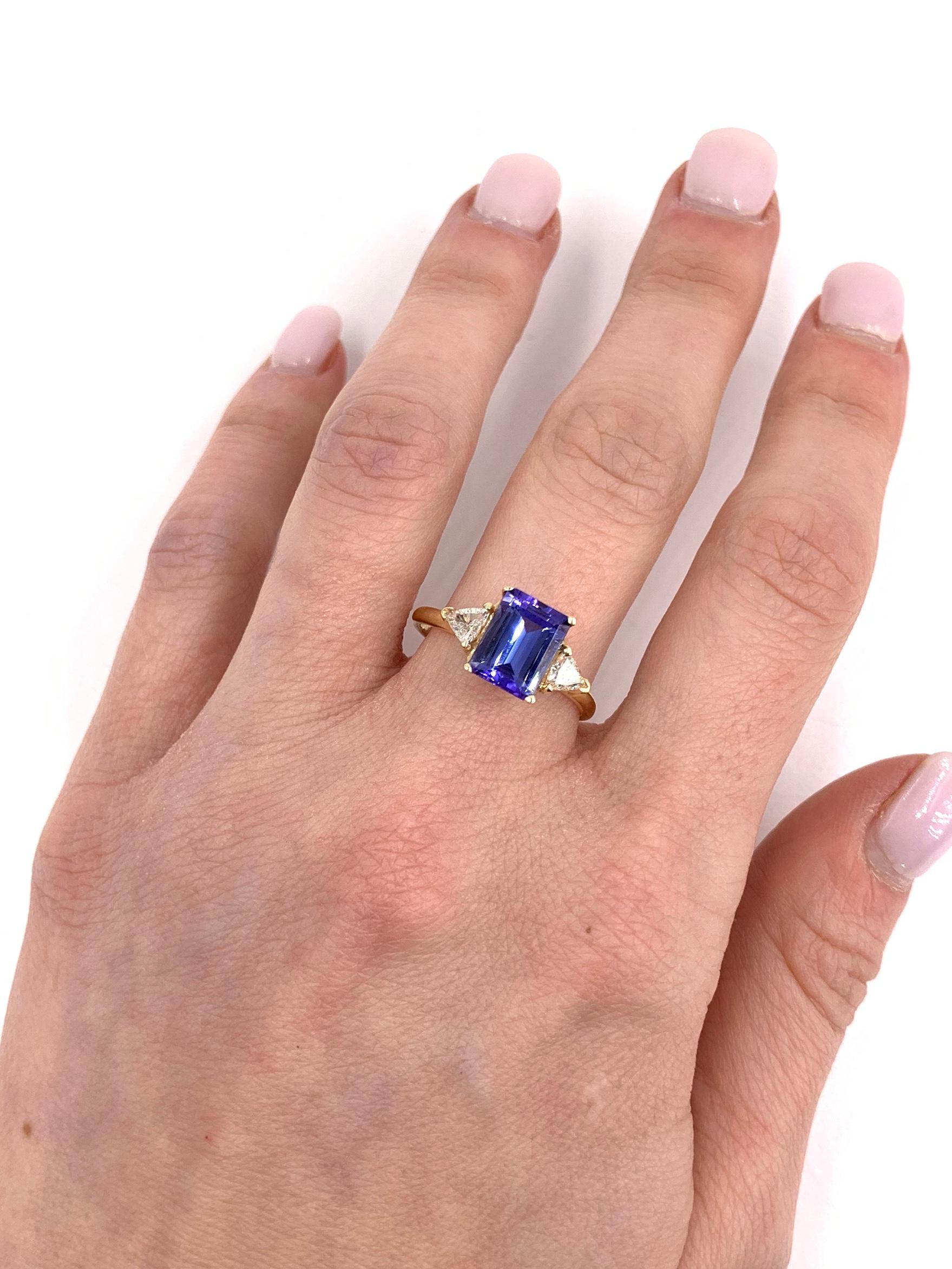 Yellow Gold Emerald Cut Tanzanite and Diamond Three-Stone Ring In Good Condition In Pikesville, MD