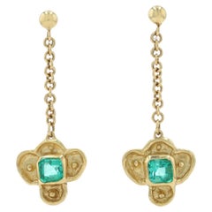 Yellow Gold Emerald Dangle Earrings 18k Square 2.04ctw Flowers Pierced