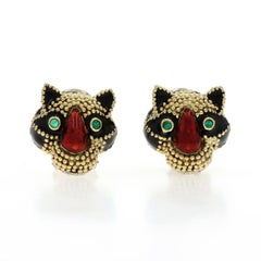 Yellow Gold Emerald Dia Vintage Cat Stud Earrings 18k Rd .19ctw Feline Clip-Ons