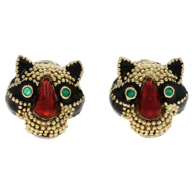 Yellow Gold Emerald Dia Vintage Cat Stud Earrings 18k Rd .19ctw Feline Clip-Ons