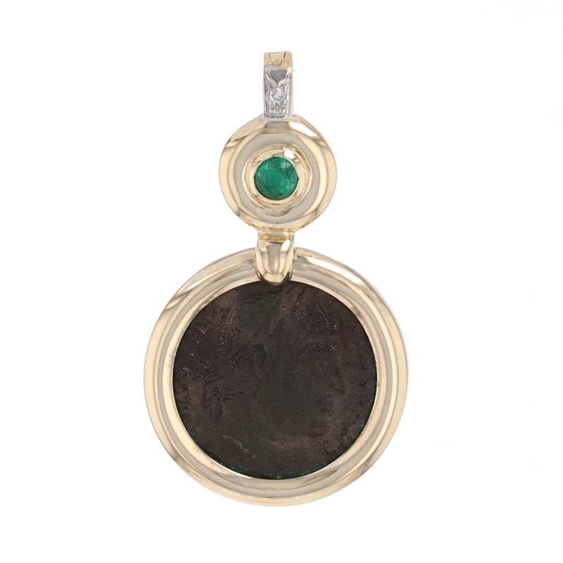 Roman Coin Era: Ancient

Metal Content: 14k Yellow Gold & 14k White Gold (pendant) & Bronze (coin)

Stone Information
Natural Emerald
Treatment: Oiling
Carat: .10ct
Cut: Round Cabochon
Color: Green

Natural Diamond
Cut: Single
Stone Note: (one small