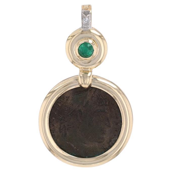 Yellow Gold Emerald & Diamond Ancient Roman Coin Enhancer Pendant - 14k & Bronze For Sale