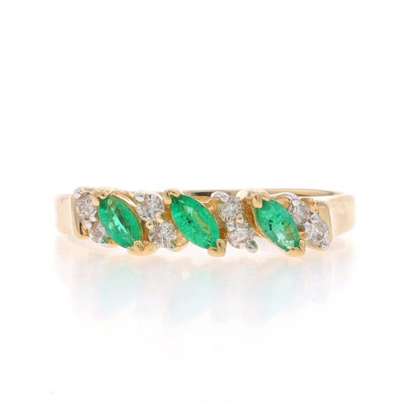 Size: 7 1/2
Sizing Fee: Up 3 sizes for $35 or Down 2 sizes for $35

Metal Content: 14k Yellow Gold & 14k White Gold

Stone Information

Natural Emeralds
Treatment: Oiling
Carat(s): .27ctw
Cut: Marquise
Color: Green

Natural Diamonds
Carat(s):