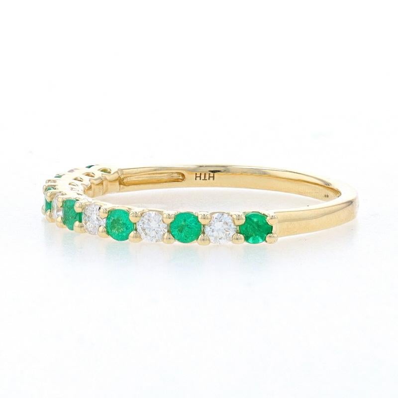Round Cut Yellow Gold Emerald & Diamond Band - 14k Round .45ctw Wedding Ring Size 7 For Sale