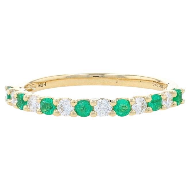 Yellow Gold Emerald & Diamond Band - 14k Round .45ctw Wedding Ring Size 7 For Sale
