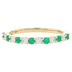 Yellow Gold Emerald & Diamond Band - 14k Round .45ctw Wedding Ring Size 7