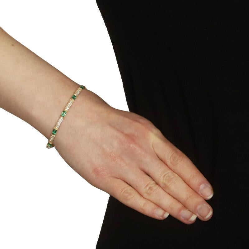 Emerald Cut Yellow Gold Emerald Diamond Bangle Bracelet 6 1/2