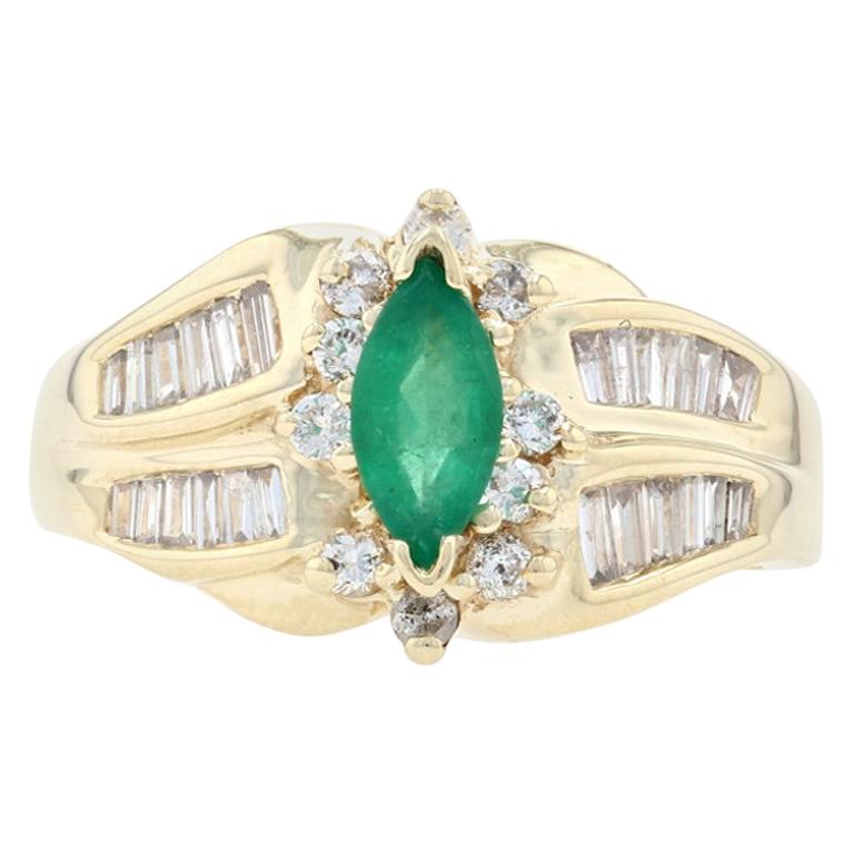 Yellow Gold Emerald & Diamond Bypass Ring, 14k Marquise 1.40 Carat Halo-Inspired