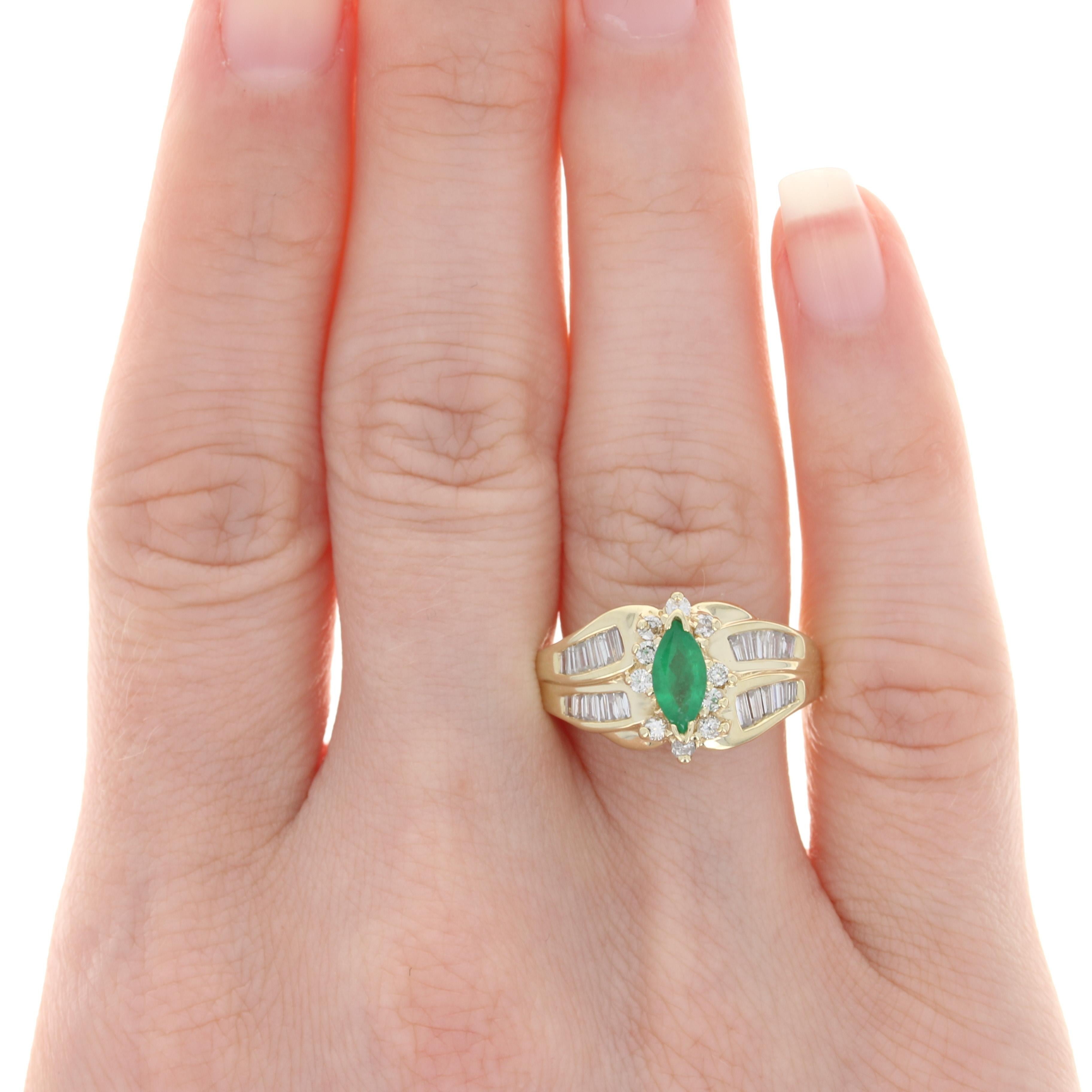 Size: 5 1/2
Sizing Fee: Up 2 sizes or Down 1 size for $30

Metal Content: 14k Yellow Gold & 14k White Gold

Stone Information: 
Genuine Emerald
Treatment: Oiling
Carat(s): .60ct
Cut: Marquise
Color: Green

Natural Diamonds
Carat(s): .80ctw
Cuts:
