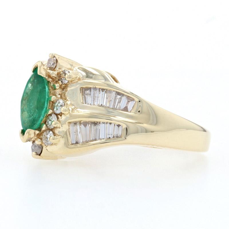 Marquise Cut Yellow Gold Emerald & Diamond Bypass Ring, 14k Marquise 1.40 Carat Halo-Inspired