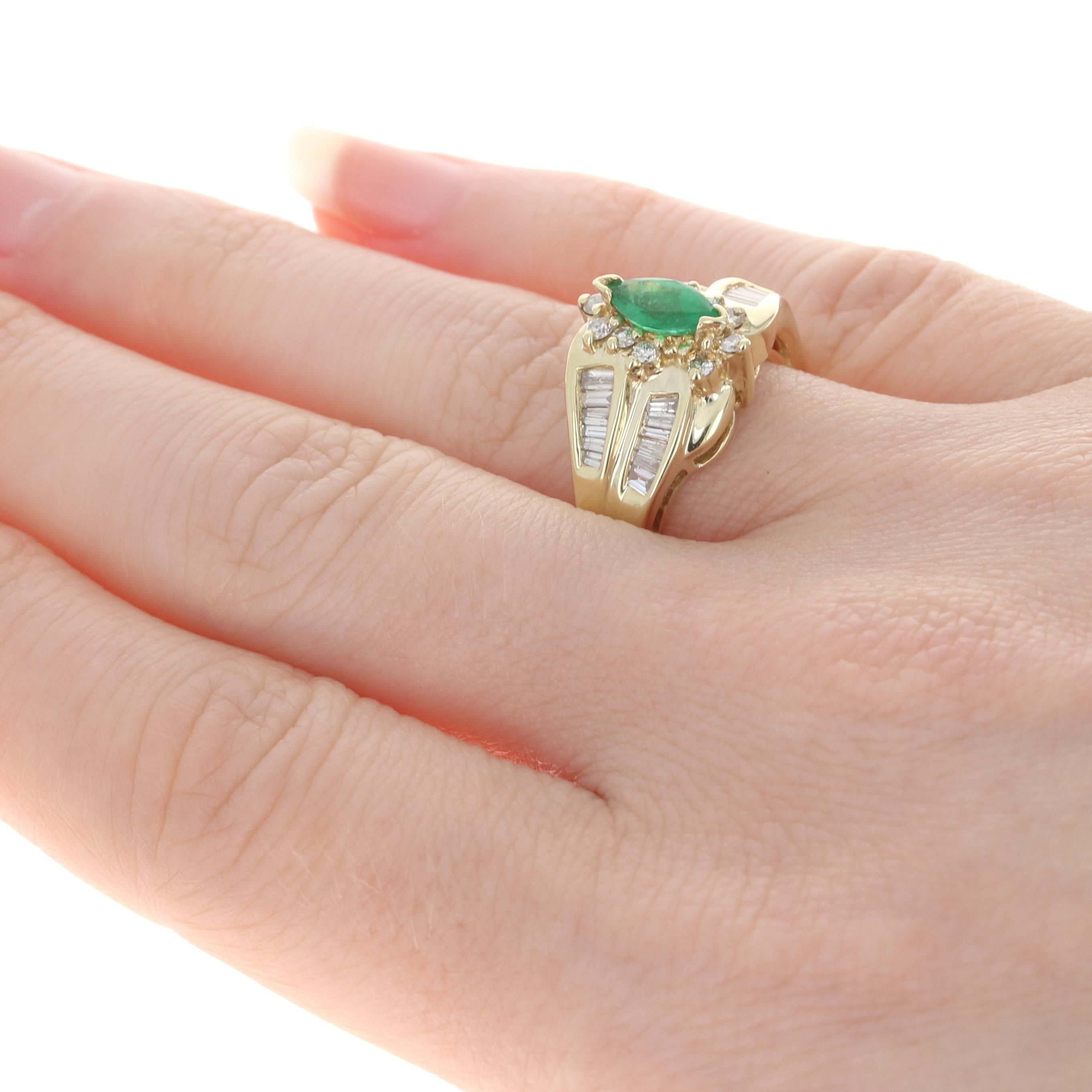 Yellow Gold Emerald & Diamond Bypass Ring, 14k Marquise 1.40 Carat Halo-Inspired In Excellent Condition In Greensboro, NC