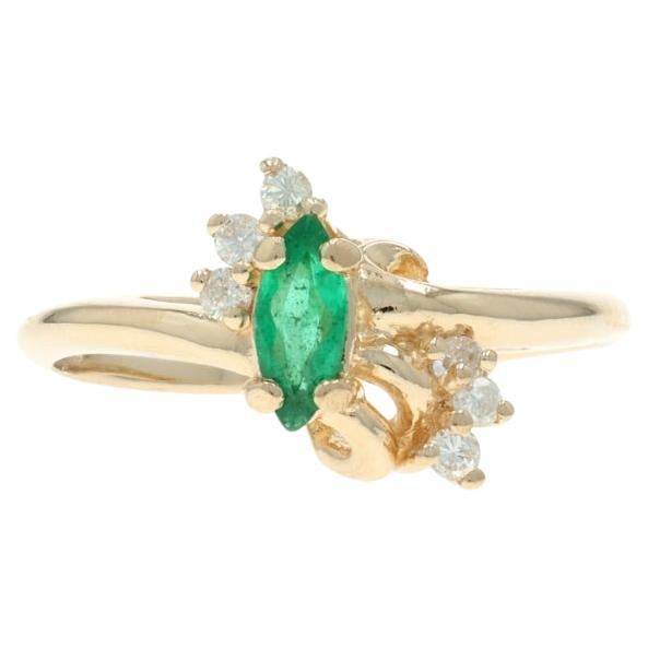 Yellow Gold Emerald Diamond Bypass Ring - 14k Marquise .39ctw For Sale