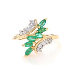Yellow Gold Emerald Diamond Bypass Ring - 14k Marquise .74ctw Six-Stone