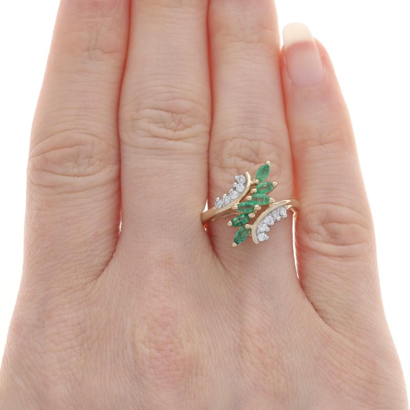 Marquise Cut Yellow Gold Emerald Diamond Bypass Ring - 14k Marquise .74ctw Six-Stone For Sale