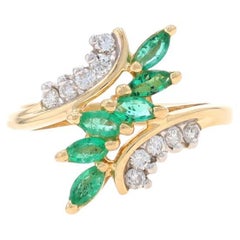 Yellow Gold Emerald Diamond Bypass Ring - 14k Marquise .74ctw Six-Stone