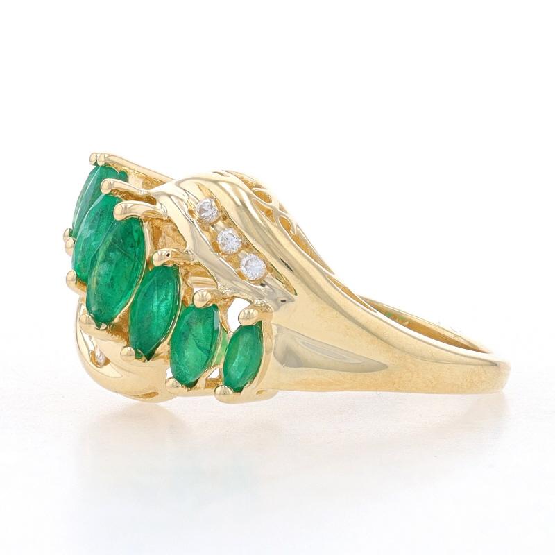 Marquise Cut Yellow Gold Emerald & Diamond Bypass Ring - 14k Marquise .78ctw Seven-Stone For Sale