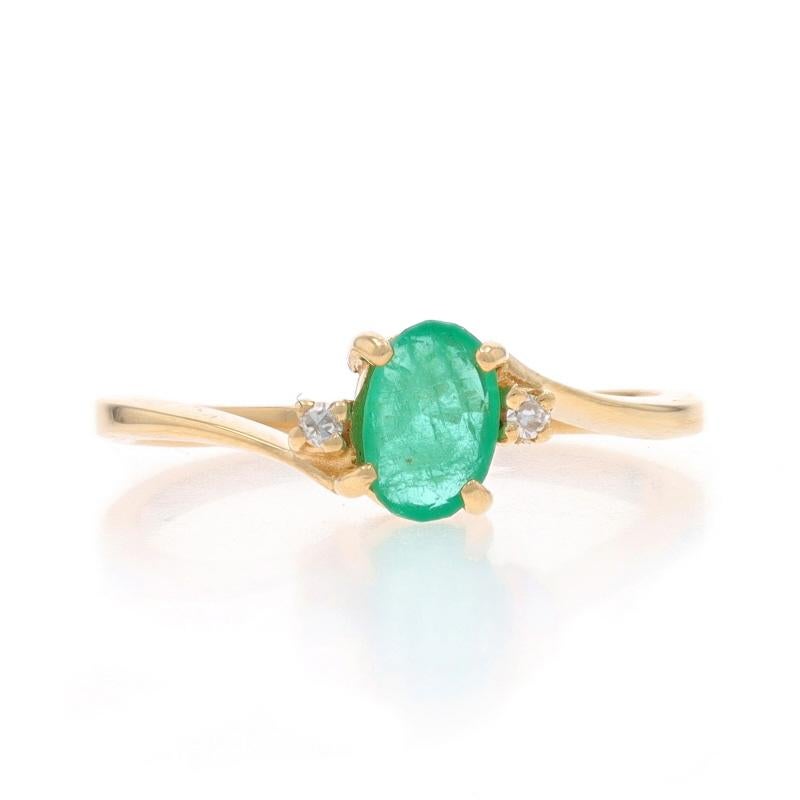 Size: 6
Sizing Fee: Up 3 sizes for $30 or Down 1 1/2 sizes for $30

Metal Content: 14k Yellow Gold

Stone Information

Natural Emerald
Treatment: Oiling
Carat(s): .52ct
Cut: Oval
Color: Green

Natural Diamonds
Carat(s): .02ctw
Cut: Single
Color: G -