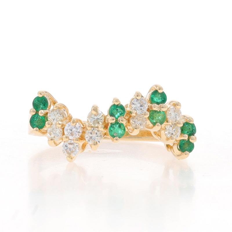 Size: 5 1/2
Sizing Fee: Up 2 sizes for $35 or Down 1 size for $35

Metal Content: 14k Yellow Gold

Stone Information

Natural Emeralds
Treatment: Oiling
Carat(s): .24ctw
Cut: Round
Color: Green

Natural Diamonds
Carat(s): .25ctw
Cut: Round