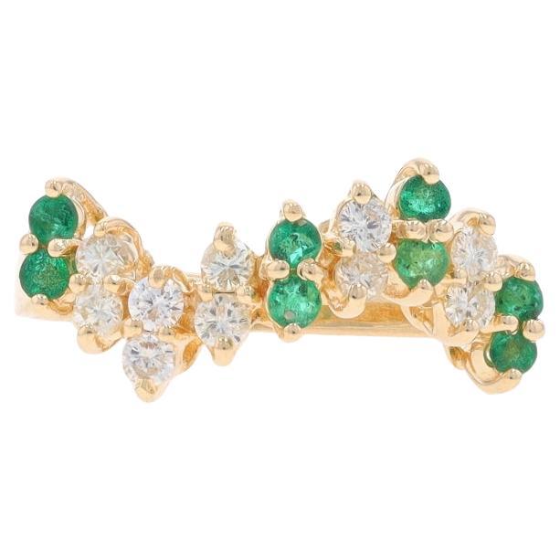 Yellow Gold Emerald & Diamond Cluster Band - 14k Round .49ctw Zig Zag Ring For Sale