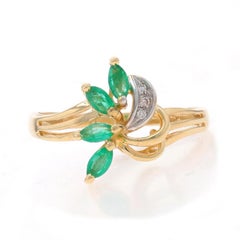 Yellow Gold Emerald Diamond Cluster Bypass Ring - 14k Marquise .38ctw