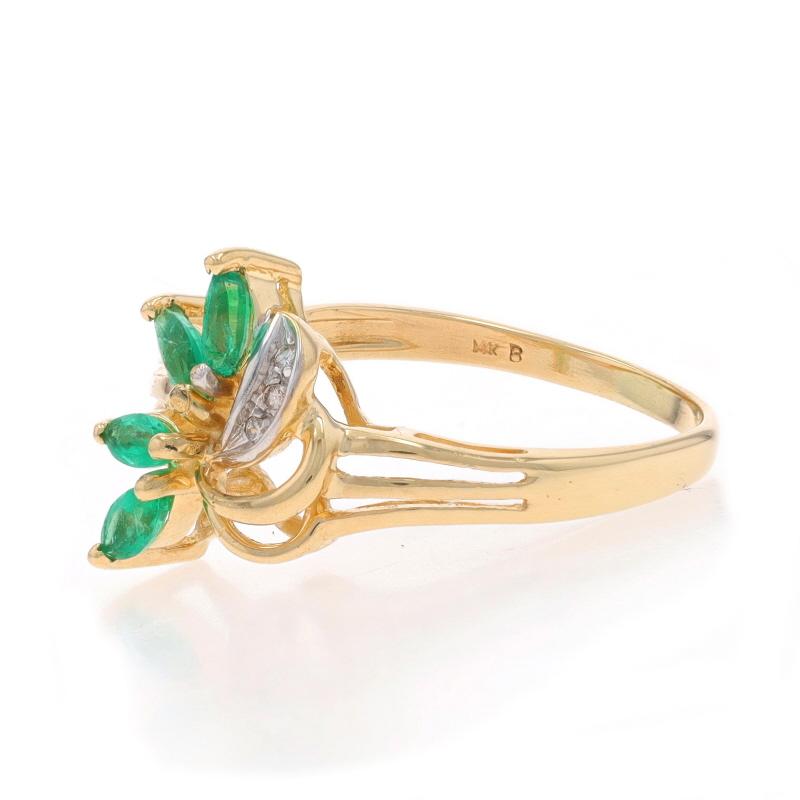 Yellow Gold Emerald Diamond Cluster Bypass Ring - 14k Marquise .38ctw In Excellent Condition For Sale In Greensboro, NC