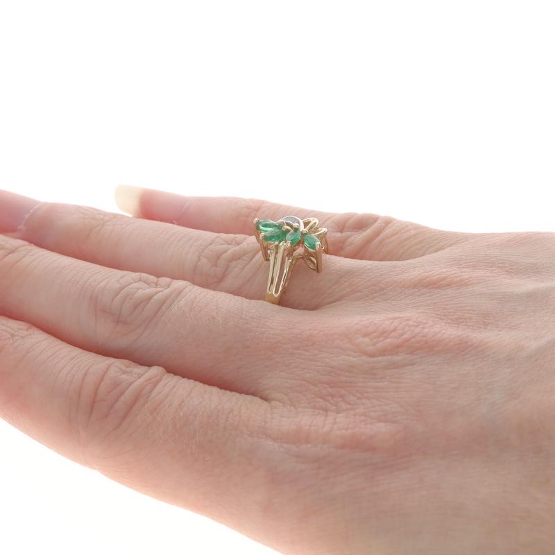 Women's Yellow Gold Emerald Diamond Cluster Bypass Ring - 14k Marquise .38ctw For Sale