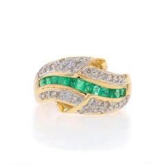 Yellow Gold Emerald Diamond Cluster Cocktail Band -18k Square .84ctw Curved Ring