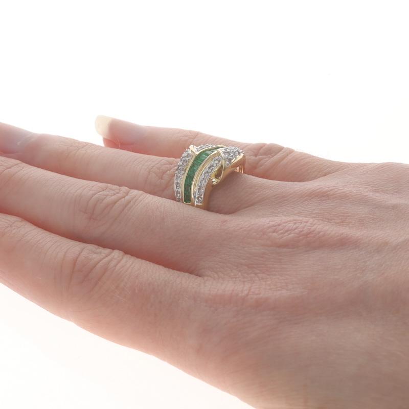 Women's Yellow Gold Emerald Diamond Cluster Cocktail Band -18k Square .84ctw Curved Ring For Sale
