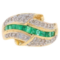 Yellow Gold Emerald Diamond Cluster Cocktail Band -18k Square .84ctw Curved Ring