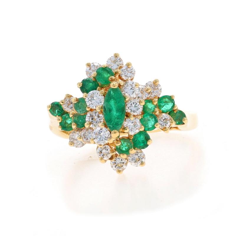 Size: 6 1/4
Sizing Fee: Up 2 1/2 sizes for $50 or Down 1 size for $40

Metal Content: 18k Yellow Gold

Stone Information

Natural Emeralds
Treatment: Oiling
Carat(s): .58ctw
Cut: Marquise & Round
Color: Green

Natural Diamonds
Carat(s): .72ctw
Cut:
