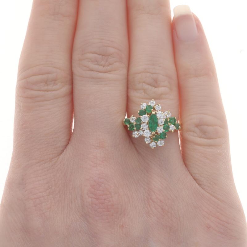 Marquise Cut Yellow Gold Emerald Diamond Cluster Cocktail Bypass Ring - 18k Marquise 1.30ctw For Sale