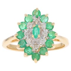 Yellow Gold Emerald Diamond Cluster Cocktail Halo Ring - 10k Marq & Rd .87ctw