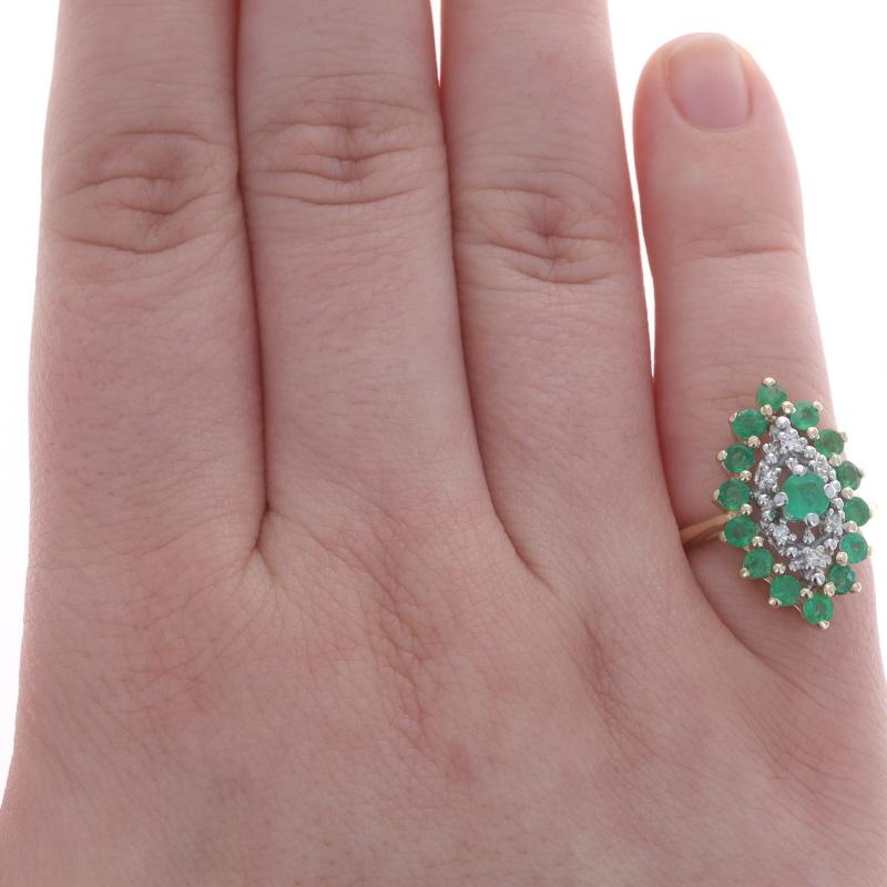 Size: 5
Sizing Fee: Up 3 sizes for $35 or Down 2 sizes for $30

Metal Content: 14k Yellow Gold & 14k White Gold

Stone Information
Natural Emeralds
Treatment: Oiling
Carat(s): 1.40ctw
Cut: Round
Color: Green

Natural Diamonds
Carat(s): .09ctw
Cut: