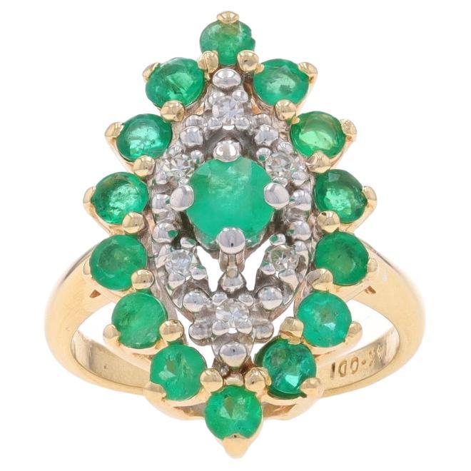 Yellow Gold Emerald & Diamond Cluster Cocktail Halo Ring 14k Rnd 1.49ctw Tiered For Sale