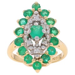 Yellow Gold Emerald & Diamond Cluster Cocktail Halo Ring 14k Rnd 1.49ctw Tiered