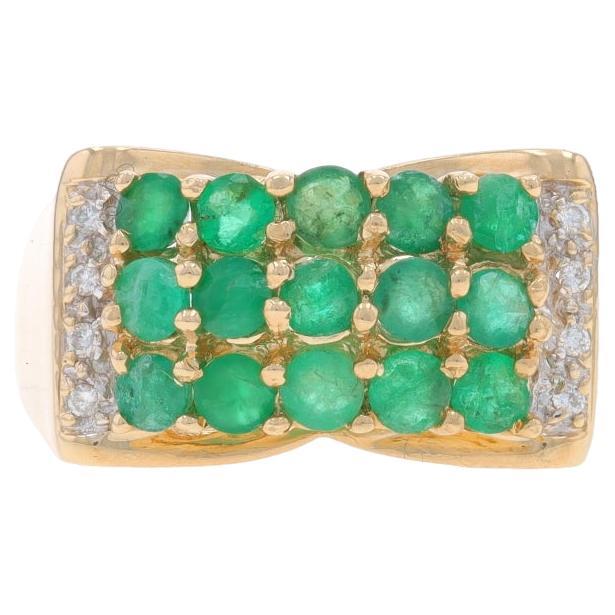Yellow Gold Emerald & Diamond Cluster Cocktail Ring - 14k Round 1.24ctw