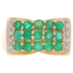 Yellow Gold Emerald & Diamond Cluster Cocktail Ring - 14k Round 1.24ctw