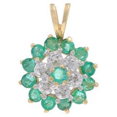 Yellow Gold Emerald Diamond Cluster Double Halo Pendant - 14k Rd 6.78ctw Floral