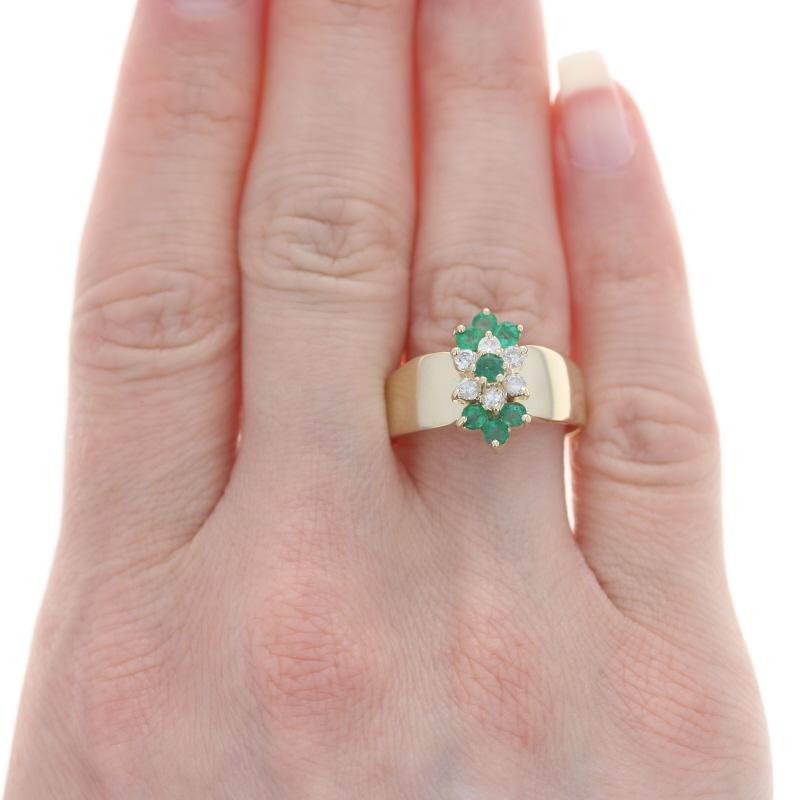 Size: 9 1/2
Sizing Fee: .Down 3 for $35 or up 2 for $40

Metal Content: 14k Yellow Gold

Stone Information
Genuine Emeralds
Treatment: Oiling
Carat(s): .70ctw
Cut: Round
Color: Green

Natural Diamonds
Carat(s): .30ctw
Cut: Round Brilliant
Color: G -