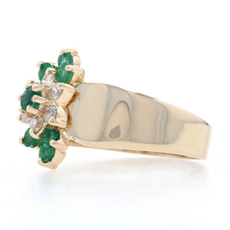 Yellow Gold Emerald & Diamond Cluster Ring - 14k Round Cut 1.00ctw Floral Halo In Excellent Condition For Sale In Greensboro, NC