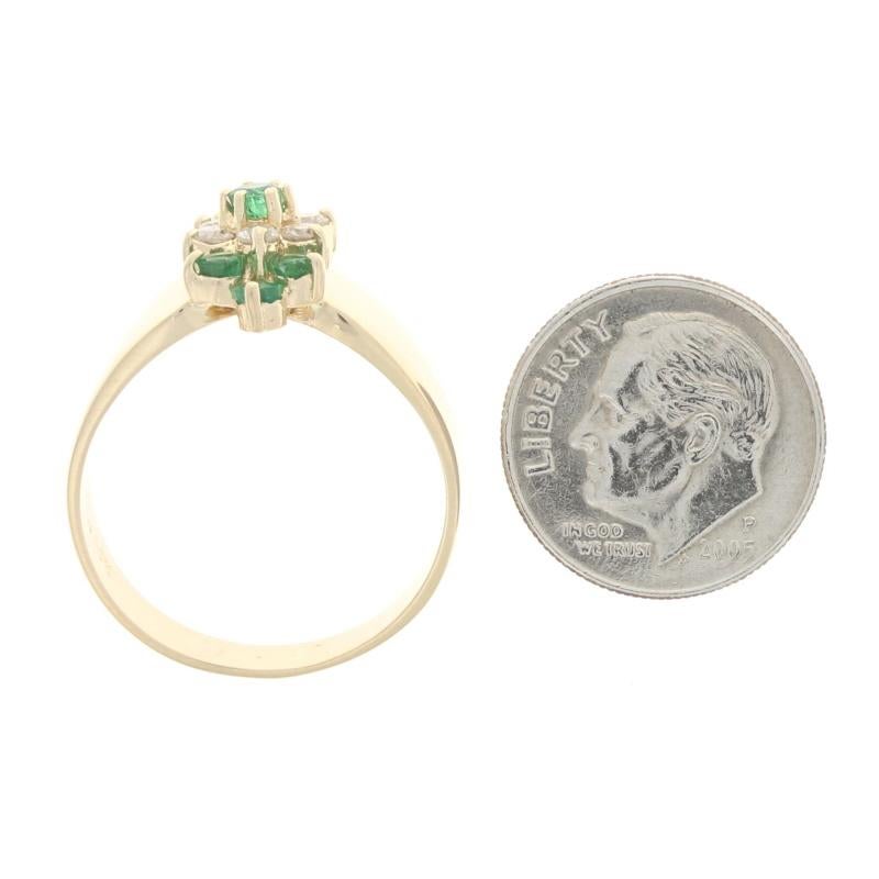 Yellow Gold Emerald & Diamond Cluster Ring - 14k Round Cut 1.00ctw Floral Halo For Sale 1